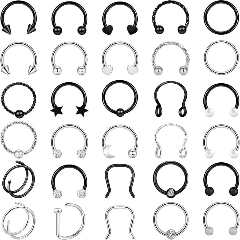 ONESING 20-30 Pcs Septum Rings 16G Septum Jewelry - Surgical Steel Piercings Horseshoe Helix Daith Smiley Tragus Lip Rings Nose Hoop Hinged Seamless Piercing Jewelry for Women Men - Image 1